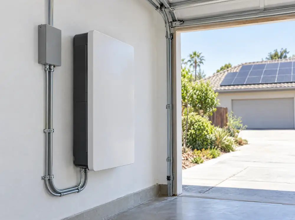A home battery mounted on a garage wall, with a solar roof visible outside