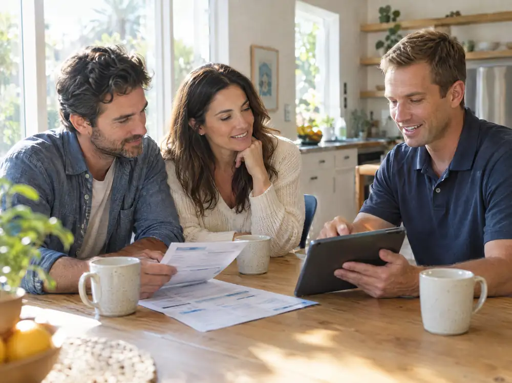 A homeowner couple reviewing a utility bill and a tablet at a kitchen table with a solar professional