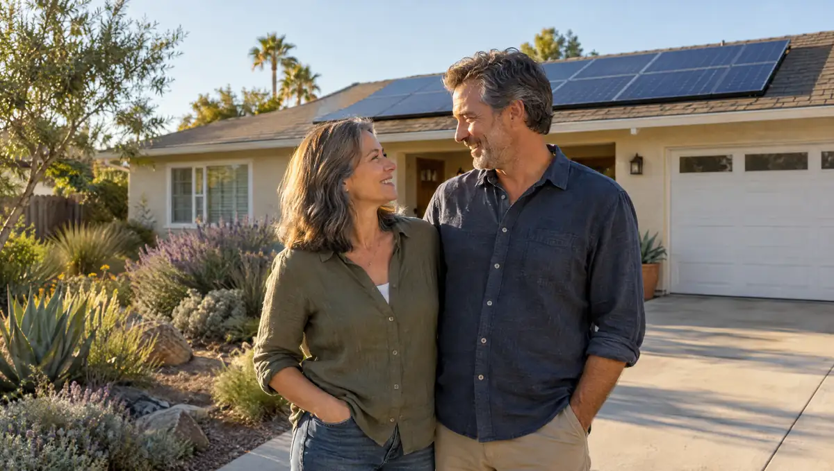 A couple standing in front of their California home with solar panels on the roof