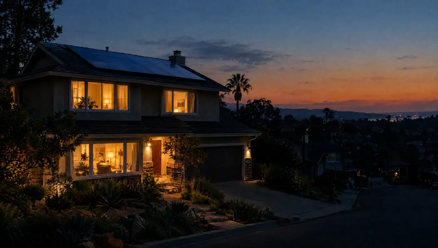 A California home with lights on at dusk while the street around it is dark